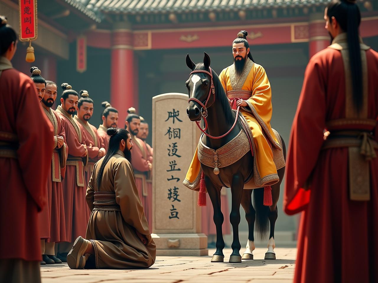 Generate a hyper-realistic photo capturing a pivotal moment in ancient Chinese history. On the left, a 35-year-old scholar kneels in humble yet dignified earthy-toned robes, bidding farewell to the 18-year-old Emperor Wu of Han seated atop a majestic horse. The scholar has a neatly groomed beard, featuring a pointed goatee and a thin mustache, symbolizing his wisdom. Beside him, attendants in muted red and deep brown Han dynasty robes stand respectfully, reflecting their modest status and rugged journey. The emperor exudes authority with sharp features and almond-shaped eyes, adorned in a luxurious golden robe with intricate dragon embroidery, wearing a ceremonial crown. Attendants in vibrant red and gold robes maintain a calm demeanor, some with trimmed mustaches or short beards that convey their higher ranking. One attendant holds a square imperial canopy with flowing tassels, enhancing the regal atmosphere. In the center, a stone stele with partially visible inscriptions adds historical depth. Soft yet dramatic lighting emphasizes the intricate details of the scene.