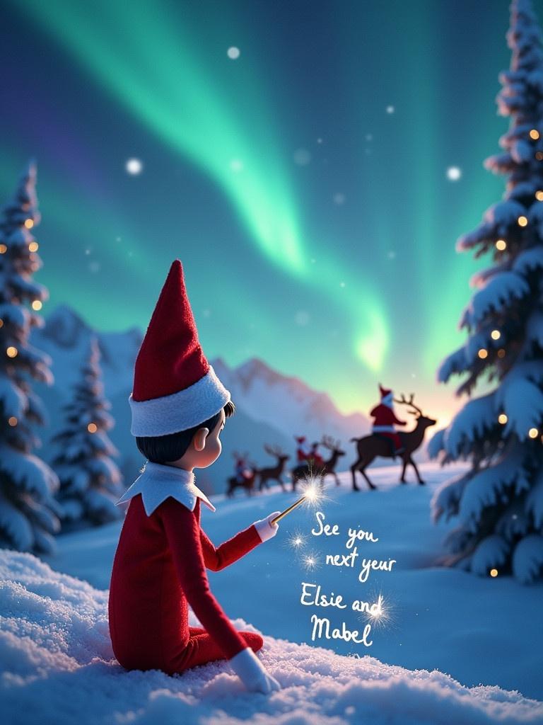 Elf on the Shelf with back to viewer looking at sky. Elf holds wand spelling 'See you next year Elsie and Mabel'. Stunning winter landscape with northern lights. Silhouette of Santa Claus with reindeer in background. Snow-covered trees and mountains create a holiday atmosphere.