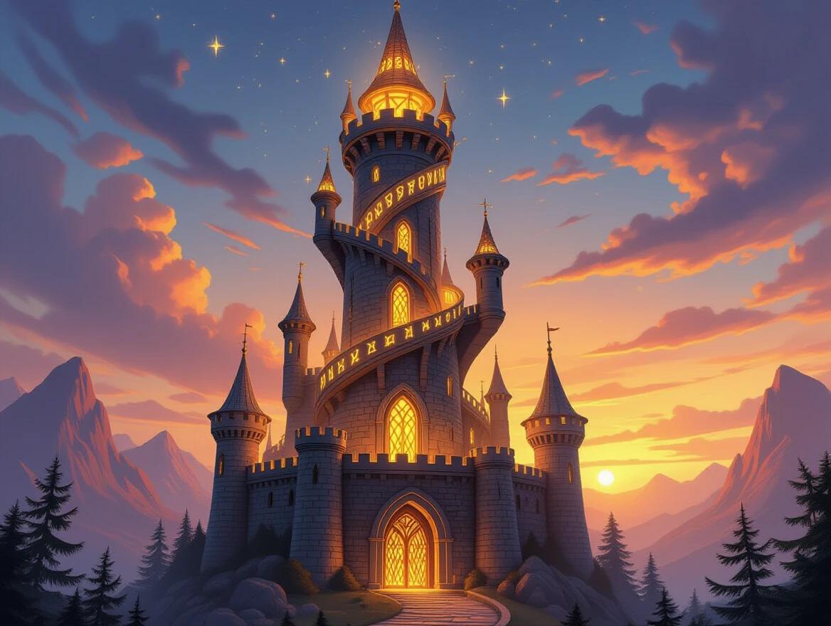 A towering wizard's tower stands majestically. The structure features glowing runes. Spires spiral elegantly towards the sky. The setting sun bathes the landscape in warm colors. Mountains and trees frame the scene.
