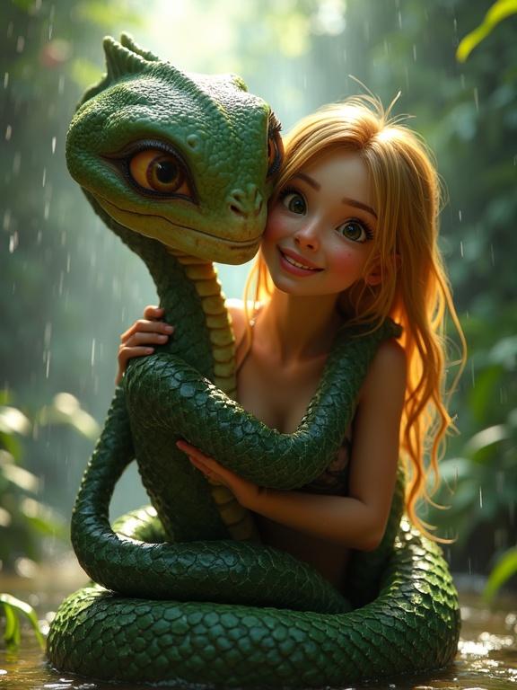 A young woman in a jungle wraps around a slimy serpent alien. Both appear happy under a waterfall. Water droplets shine in sunlight. Lush green foliage surrounds them.
