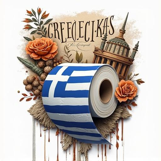 Graphic design for a streetwear t-shirt featuring elements of ancient Greece. A toilet paper roll with the Greece flag and the word GREECEGIŠKĖS. Incorporates decorative elements like flowers and architecture.