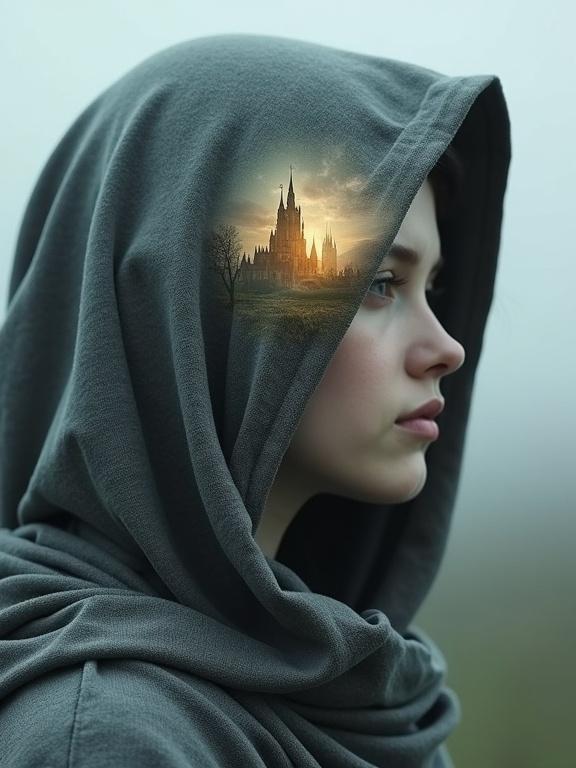A young woman with pale skin wears a large dark gray hooded cloak. The hood partially obscures the face. The expression is serene and contemplative. The cloak's texture shows depth. A fantasy style castle overlays the hood, suggesting a majestic scene. Light emanates from the hood highlighting the castle. The composition is layered with elements blending into the hood. Muted silver and gold tones create a peaceful atmosphere. The overall style is surreal and evocative. The medium close-up focuses on the figure while incorporating a fantasy landscape.