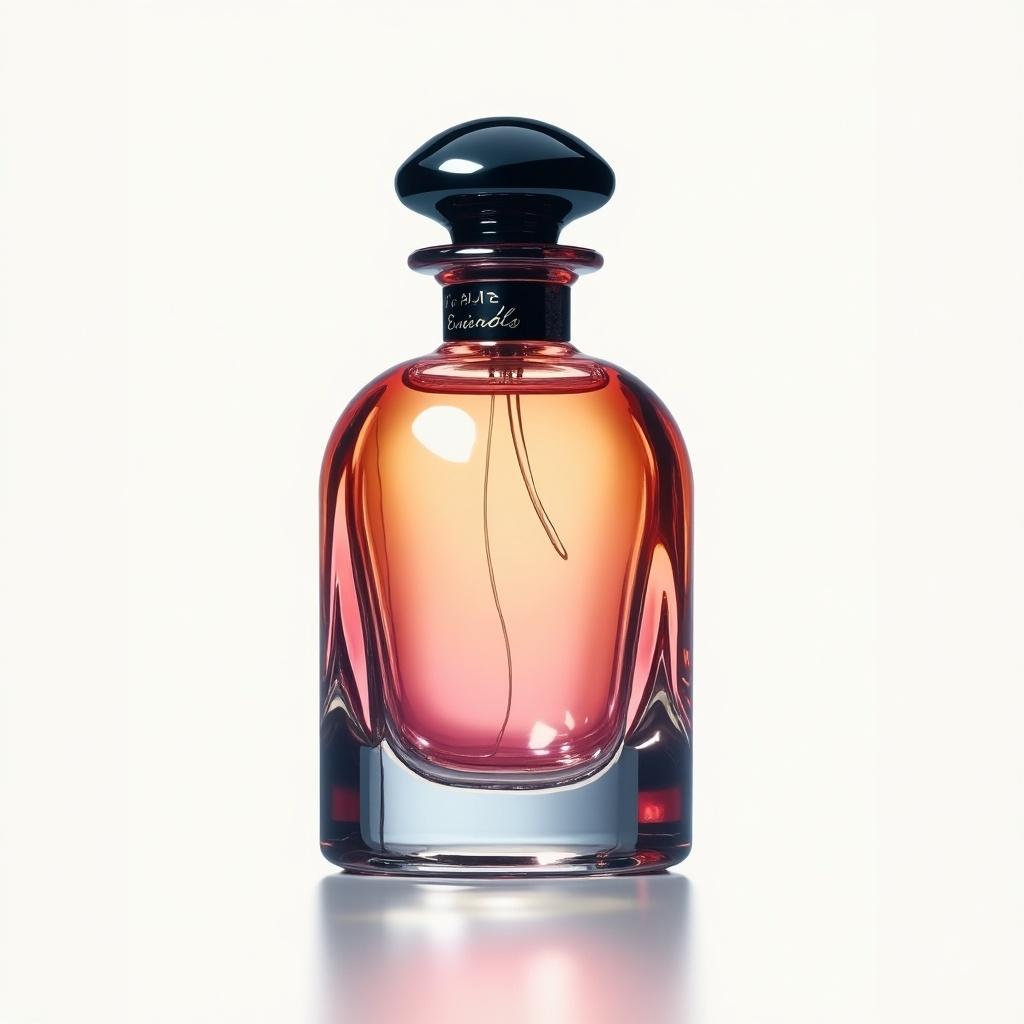 Create a sophisticated perfume bottle design. Use elegant shapes and a blend of pink and orange colors. Include a glossy finish and a stylish black cap. Focus on modern aesthetics with luxurious appeal.