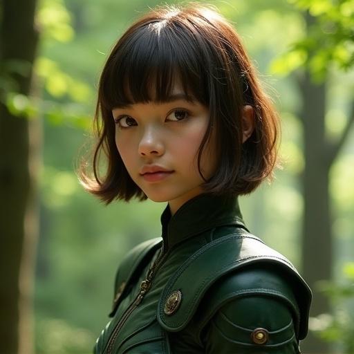 Portrait of a young woman with short brown hair and bangs. Direct gaze with serene expression. Wearing a dark green fantasy outfit with armor details and high collar. Softly blurred forest background with lush foliage and filtering sunlight. Gentle lighting emphasizing features. Fantasy art style with shallow depth of field.