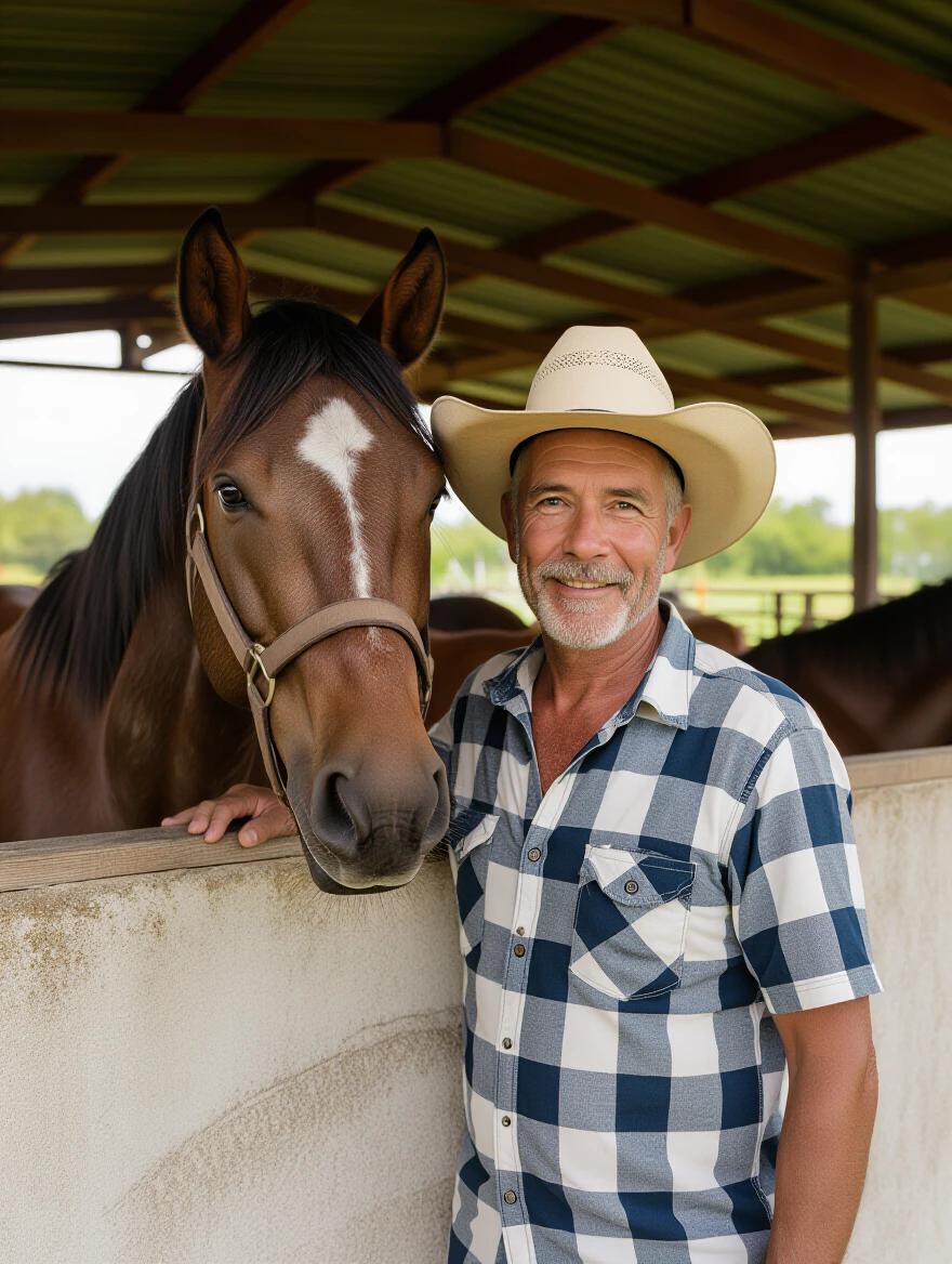 Photo of a man in his thirties standing beside a horse inside a barn. The man has a light brown complexion. He wears a checked shirt and a cowboy hat. The barn setting features multiple horses in the background.