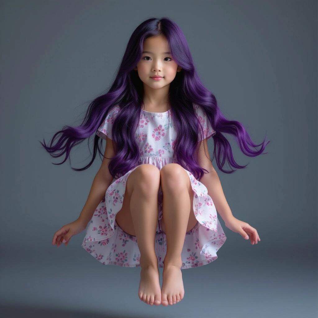 Young girl with long dyed purple hair sitting gracefully midair. Body and feet are off the ground. She wears a floral dress. Background is neutral colored.
