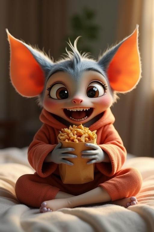 A 3D cartoon humanoid creature with large eyes and big ears sitting on the bed. The creature holds a snack bag and wears an anime hoodie. It has glowing eyes, a joyful expression, and sharp teeth, mid-crunch in excitement.