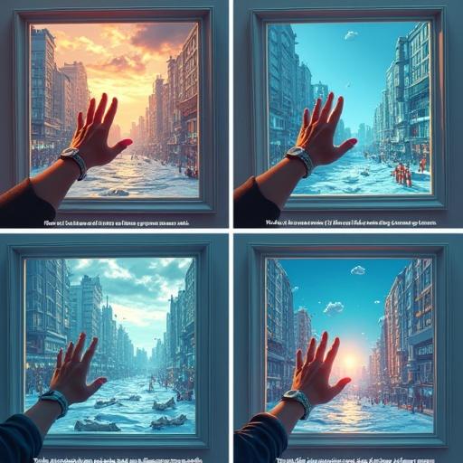 Four panel storyboard showing a surreal scene. Each panel features a frozen environment inside a frame. A character's hand is animated and alive. Living areas burst with motion and color. Background contains whimsical elements. Captions below each panel describe key themes.