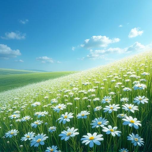Gently sloping hill covered with blooming nemophila flowers with summer sky. Bright colors and sunny atmosphere.