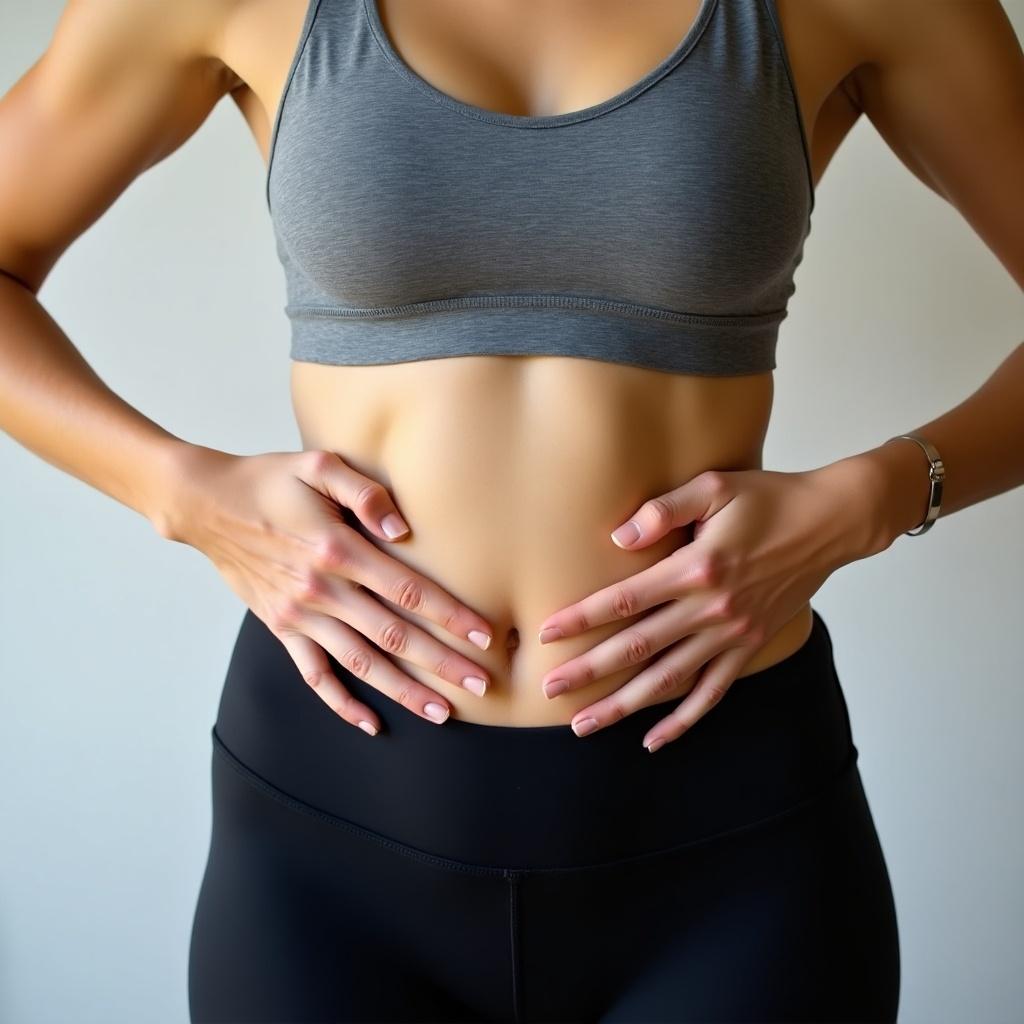 Woman in athletic sportswear shows belly with hands gently placed on abdomen. Gray sports bra and black leggings. Casual relaxed demeanor. Emphasizes body positivity and self-acceptance.