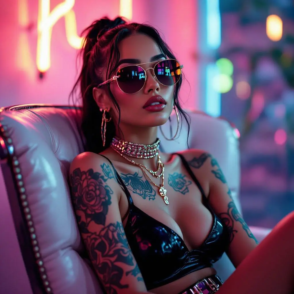 A portrait of a skinny petite classy ghetto cyber babe with tattoos and sunglasses. Soft colorful lighting enhances glamorous styling and creates a dreamy atmosphere. She is sitting in a luxurious chair.