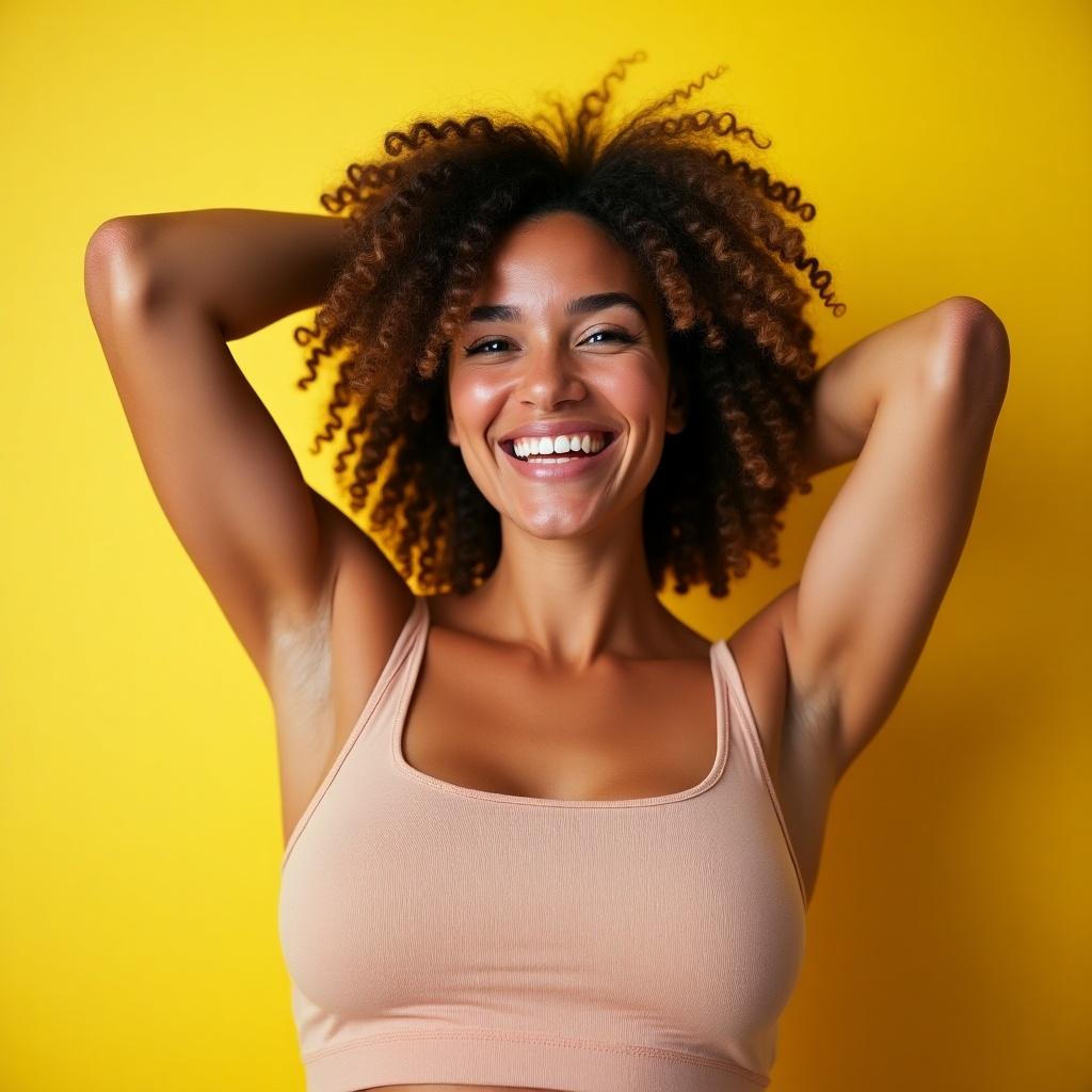 Photograph of a woman showcasing her armpit hair. She has curly hair and is raising her arms, expressing confidence and positivity about her body.