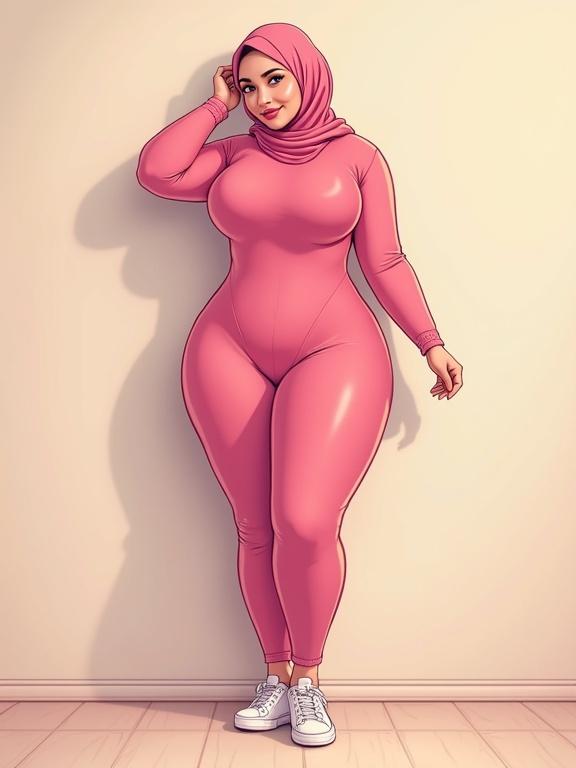 Illustration of a curvy woman wearing a pink bodysuit and sneakers. She has a hijab and is standing confidently against a wall. One hand on her head and the other hand on her hip, looking at the viewer with a smile. Front view.