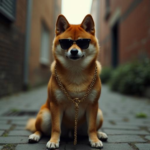 A Shiba Inu dog wearing a gold chain around its neck sits in an alley. Sunglasses in mobster style on the dog. The setting is an urban alleyway. The dog looks intimidating and stylish.