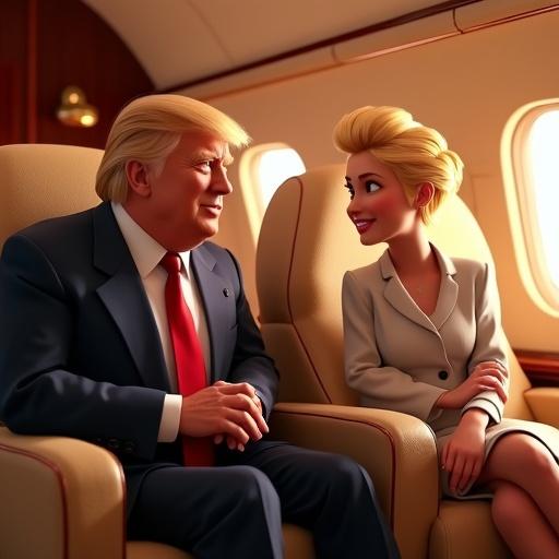 Two animated characters in a private jet. One character has blonde hair and suit. Another character has distinctive hairstyle and suit. They sit close together and talk.
