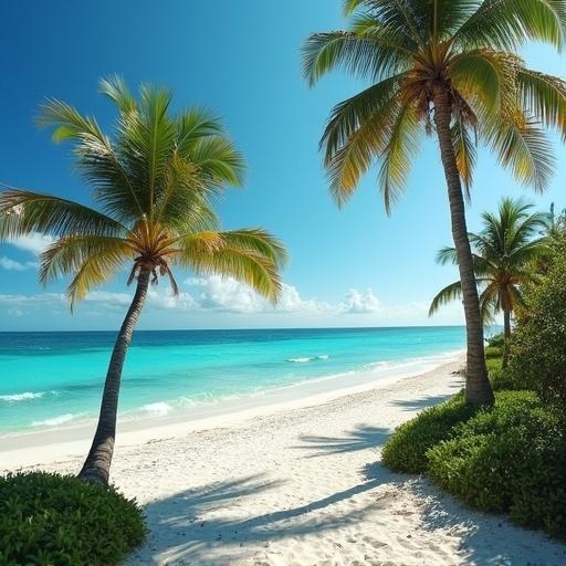 Scenic view of a tropical beach at Gulf of Mexico. Palm trees swaying beside white sand and turquoise sea. Sunny blue sky overhead.
