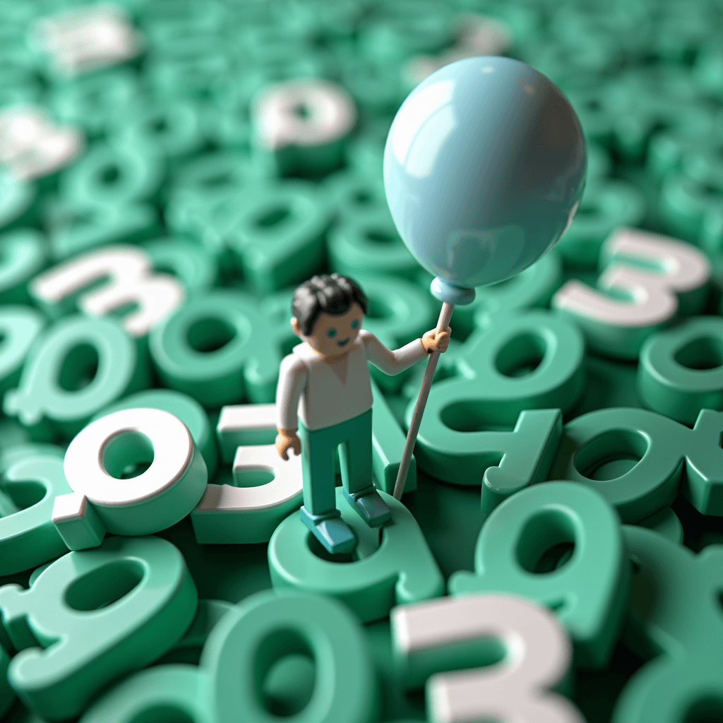 A toy figure stands on a mix of scattered green and white number blocks, holding a blue balloon.