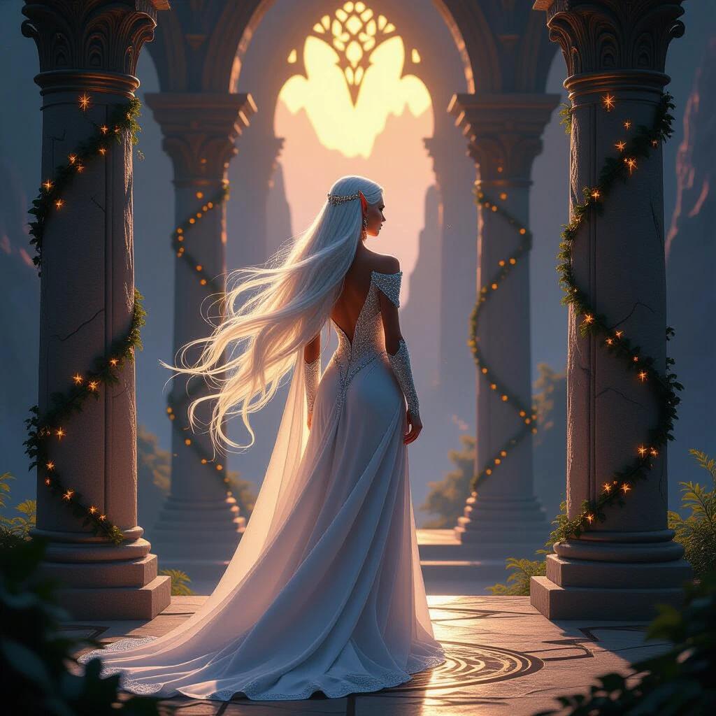 A powerful elf woman with long platinum hair stands in an ancient temple. She wears a silver gown glowing in the torchlight. Stone pillars covered with ivy and runes frame her. The scene conveys wonder and strength. Dominant colors are deep purples and warm golds.