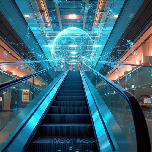 A futuristic shopping mall escalator scene. A low-poly glitch style is present. A janitor is writing glowing equations on a glass surface. A hologram of the Mayan calendar is layered over the scene. CRT screen static texture is visible. A safety sign is transforming into cuneiform script. A Klein bottle projection appears in the reflection. The scene is shot from a surveillance camera perspective.