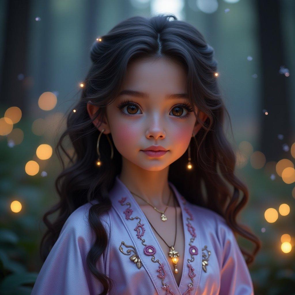 A young girl with almond-shaped hazel eyes and long dark lashes, small button nose, full pink lips, and high cheekbones. She has long wavy dark brown hair with faint golden highlights. She wears a silver and lavender robe with intricate embroidery. The setting is an enchanted forest at twilight with glowing plants and magical orbs of light.