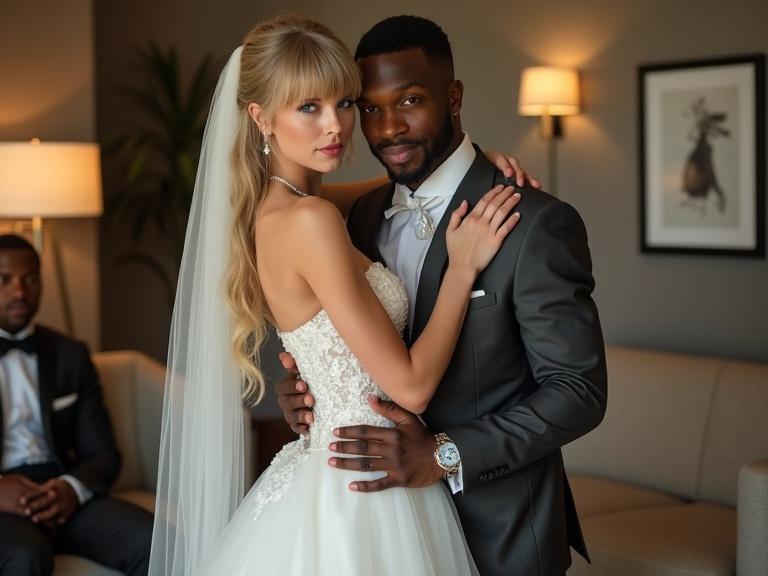 A bride and groom embrace in a hotel room. The bride wears a white wedding dress with a veil. The groom is in a gray wedding suit. A sad man sits in the corner. Soft lighting enhances the romantic atmosphere. Focus on the couple's connection.