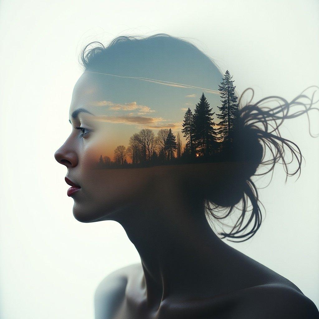 This image features a stunning double exposure effect, seamlessly blending the profile of a woman with a serene landscape of trees and a sunset. The woman's silhouette highlights natural beauty while the landscape captures the essence of tranquility. The composition uses muted earth tones and warm pastel colors, evoking a sense of calm and reflection. Soft, diffused lighting enhances the dreamlike quality of the image. This artistic approach merges human emotion with nature, inviting viewers to explore their inner thoughts and feelings.