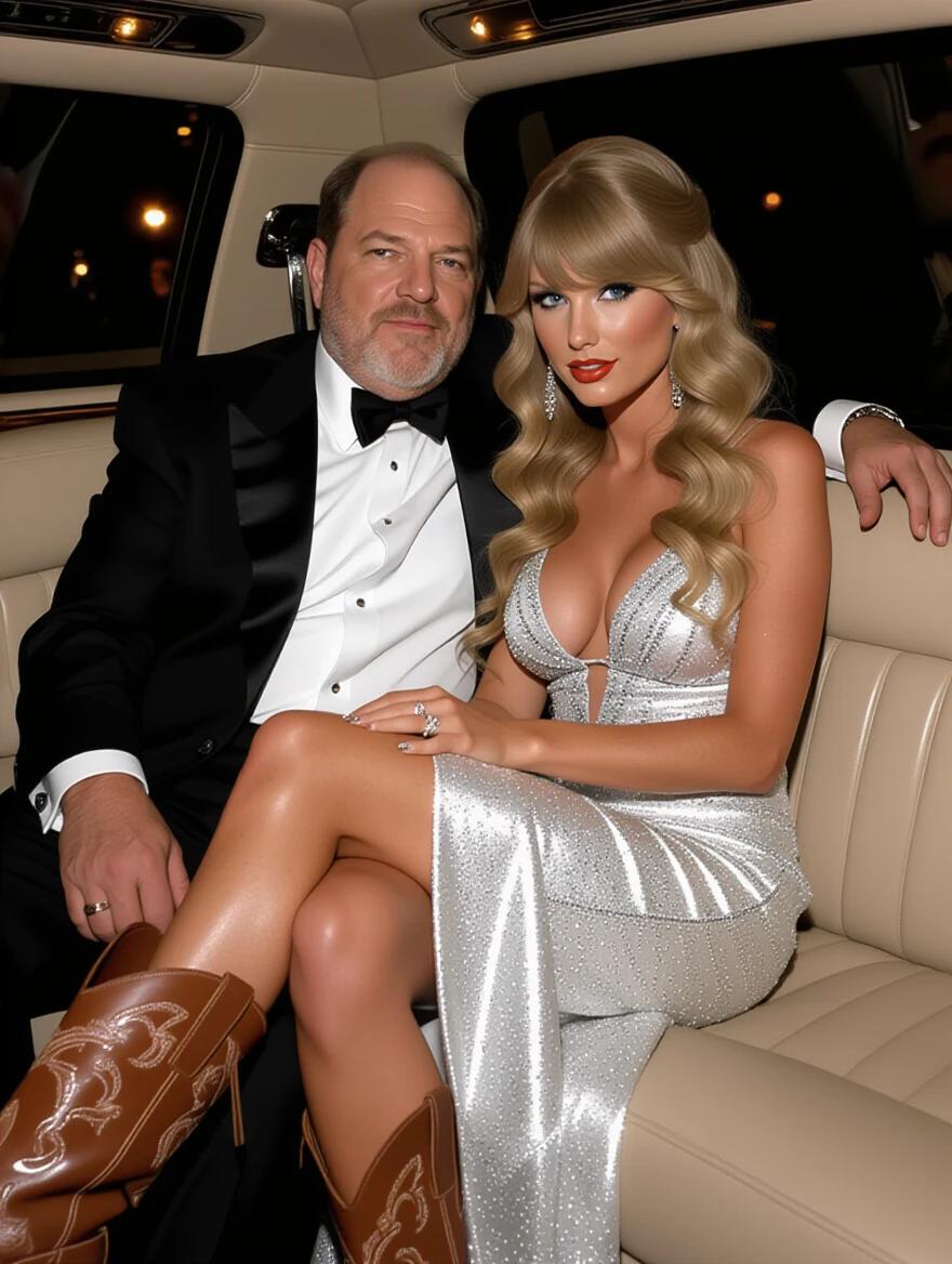 18 year old Taylor Swift and a man in tuxedo sitting in a limousine after an awards show. Taylor in a sparkly silver dress with brown cowboy boots. She has long blonde curls and blue eyes. They are seated closely together. The man has his hand on her leg. Taylor appears very intoxicated and disheveled. Full body shot.