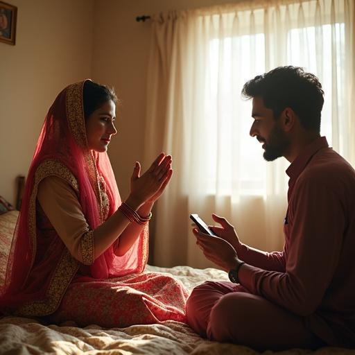 Pakistani bedroom with natural daylight. Woman in colorful shalwar kameez and dupatta sits on bed. Hands raised in dua filled with hope and sorrow. Husband relaxed using phone beside her. Bright peaceful room with cultural decor and wooden furniture.