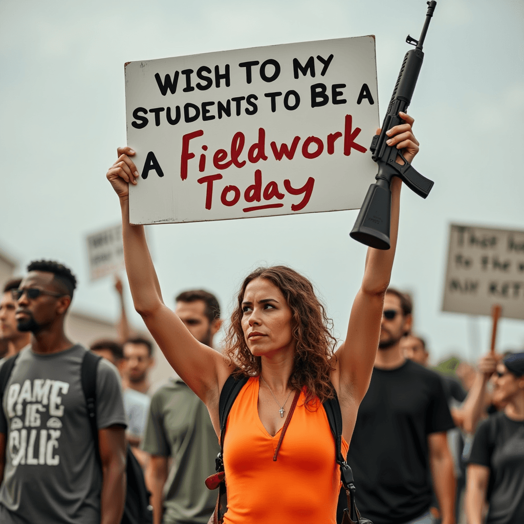 A woman at a protest holds a sign about students and fieldwork, while carrying a rifle.