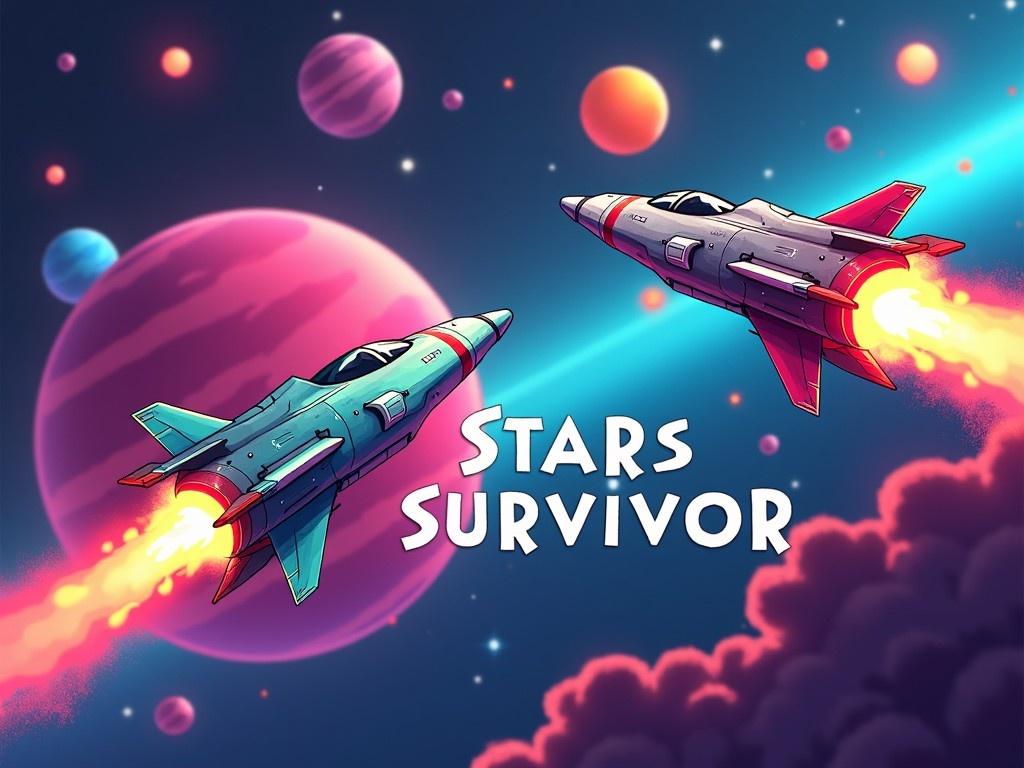 The image depicts two cartoon-style spaceships engaged in a battle, both firing their afterburners, creating bright trails of light. They are set against a colorful cosmic background featuring large planets and a nebula. The vibrant colors enhance the action-packed feel of the scene. The title 'Stars Survivor' is prominently displayed at the center. The overall style is playful and engaging, appealing to fans of sci-fi and video games. This image captures the excitement of space combat in a colorful and imaginative way.