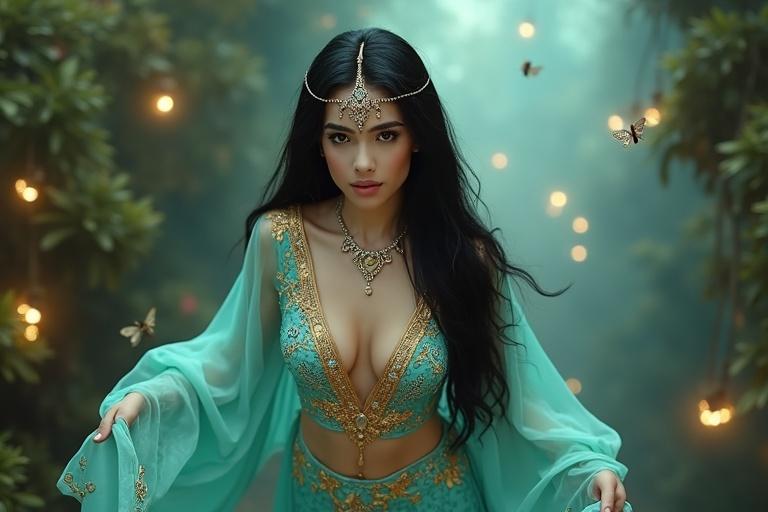 A tall woman in a turquoise Arabian princess outfit with gold embroidery and sheer overlay pants. She has shiny black hair and a V-neckline top. Bold jeweled headpiece. Walking in a glowing forest with fairies. Expression indicates trust.