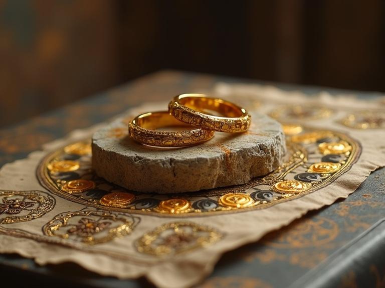 Ritual table made of ancient stone with ornate golden rings on top. Only young hands of a figure approaching without touching. Background blurred with Greek symbols. Point light from above emphasizes gold shine. Static top-down camera with slight vertical movement for tension.