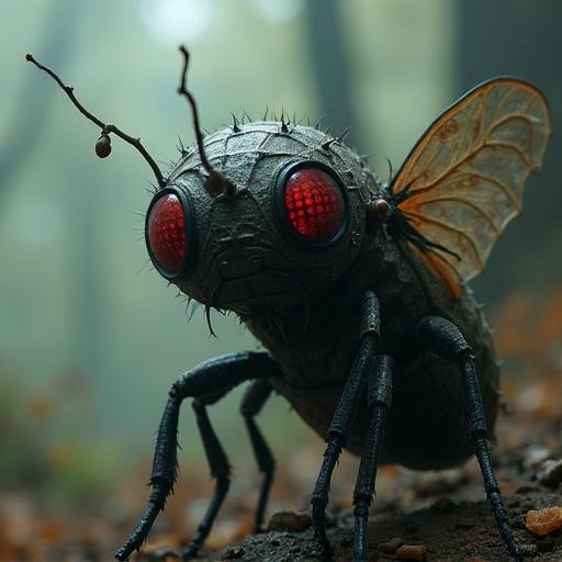 Psy ops bug creature with red eyes in a spooky setting. Edgy fantasy creature design. Close-up view with dark colors and mysterious atmosphere.