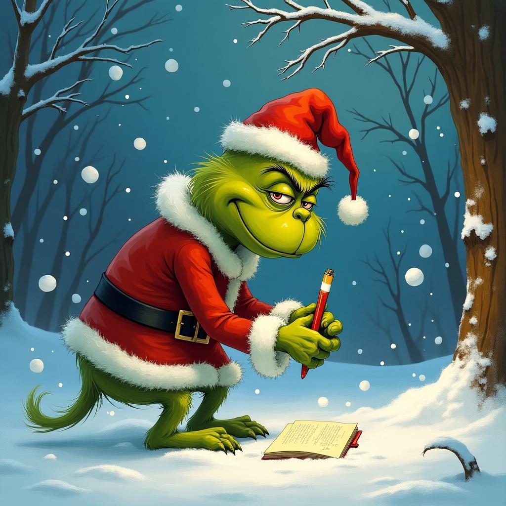 The Grinch is wearing a red Santa suit with white trim. The Grinch is writing in the snow. The background features snow-covered trees. Snow is gently falling around.