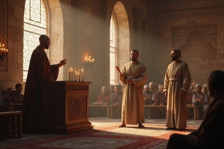 Cinematic 3D render of ancient Islamic courtroom scene. Wise Qazi on a raised platform delivers verdict. Hazrat Ali stands humbly. Jewish man is stunned nearby. Courtroom filled with respectful audience. Intricate geometric carvings on stone walls. Lit candles and scrolls on wooden table. Sunlight streams through windows casting shadows. Arabic calligraphy on walls. Mood is dignified and calm.
