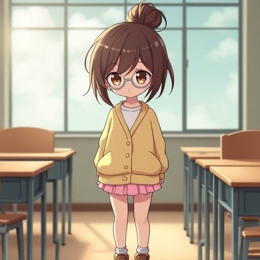 A girl stands in a classroom. She has soft brown hair styled in a messy bun. Round silver glasses sit on her face. An oversized cardigan significantly hides her frame. She wears a pastel short skirt and scuffed loafers. The setting depicts a typical classroom environment with empty desks around her.