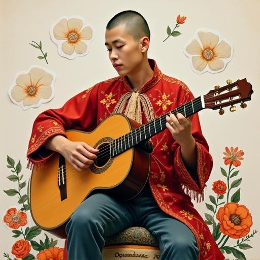 Young Asian male with shaved head plays acoustic guitar. Wearing traditional red clothing. Surrounded by floral digital collage. Vintage illustration style.
