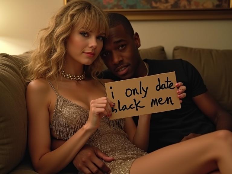 Close up image of a woman holding a sign. She wears a stylish gold fringe dress. Her boyfriend is beside her on the couch. The woman smiles at the viewer. The sign states I only date black men. The atmosphere is warm and inviting.