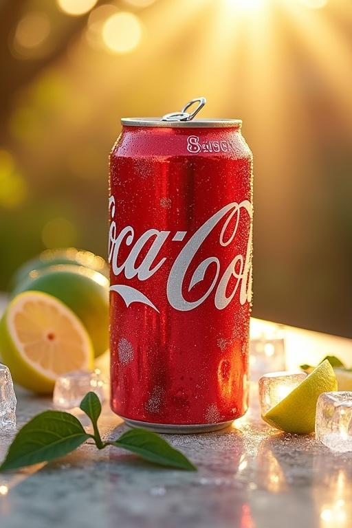 Cinematic shot of a frosty Coca-Cola can on a marble surface. Surrounded by ice cubes, lemon and lime slices, citrus leaves. Detailed logo on the can. Golden-hour sunlight reflections on metal. Soft red studio lighting. Blurred golden gradient background. Mood is refreshing and inviting.
