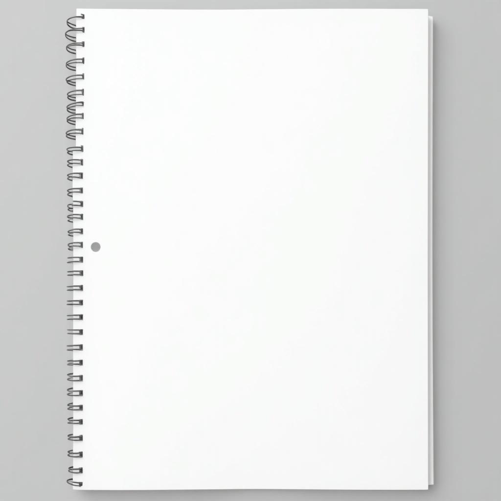 This image shows a blank A4 size page placed on a neutral background. The page has a left margin of 1.5 cm and black margins measuring 1 cm on all other sides. The spiral binding on the side indicates that this could come from a notebook. The lighting is soft and even, creating a calm and clean appearance. This blank slate invites creativity and can be used for various artistic purposes.