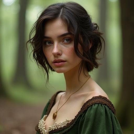 A young woman with dark brown hair and fair skin stands in a forest. She wears a green and brown medieval-inspired outfit with draped sleeves. Her expression is soft and thoughtful. A golden pendant rests around her neck. The background features a blurred wooded area. Natural lighting enhances the scene.