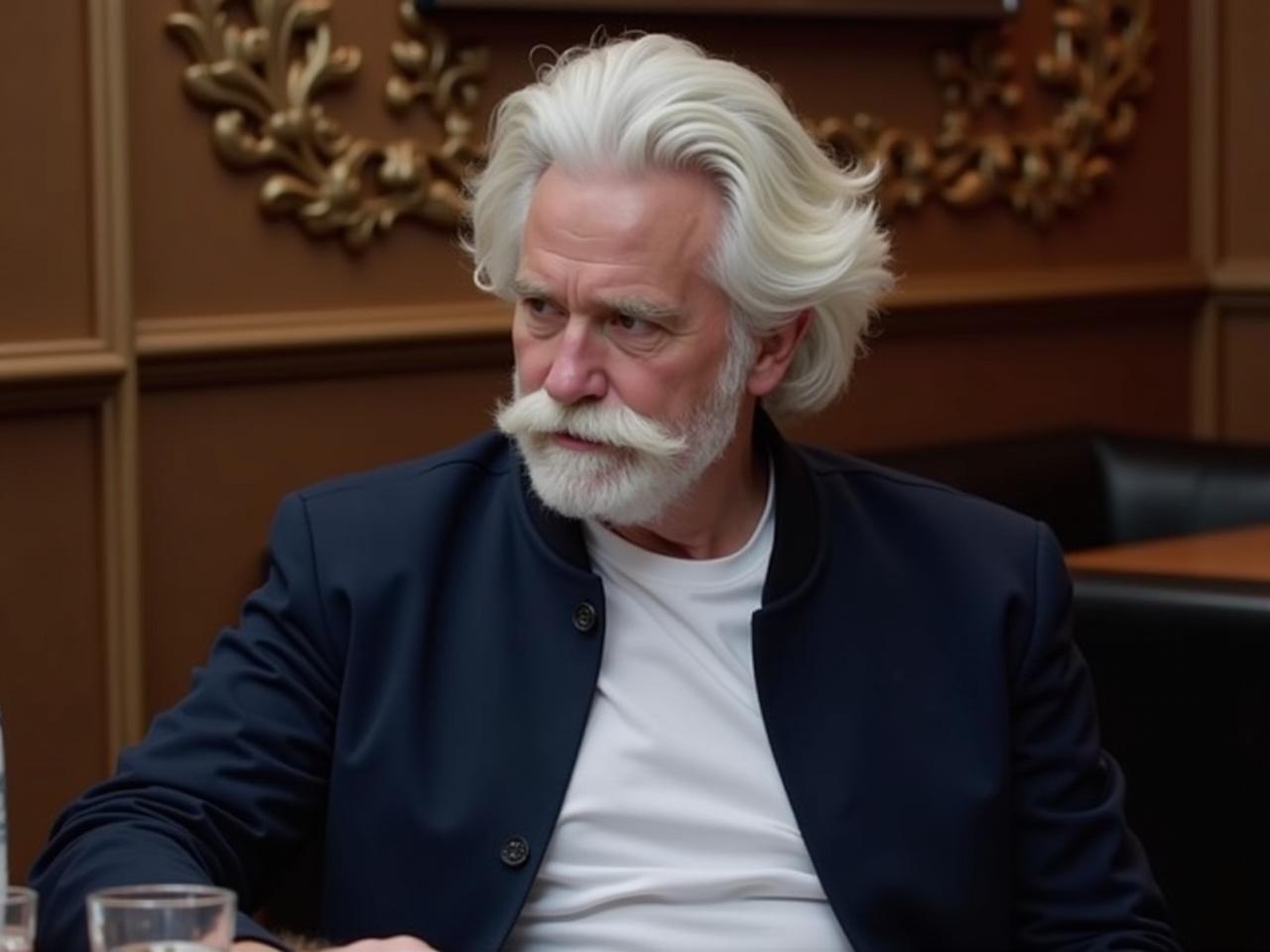 The image shows a man sitting at a table, wearing a navy blue jacket over a white t-shirt. His hair appears voluminous, with tossing curls, and a well-groomed beard covers his chin. The unique aspect of this image is the hair, moustache, and beard color, which I'm altering to a striking snow white, giving him a distinguished appearance. The background features wooden decor, adding a rustic charm to the setting. There are glasses on the table in front of him, suggesting he might be enjoying a beverage.