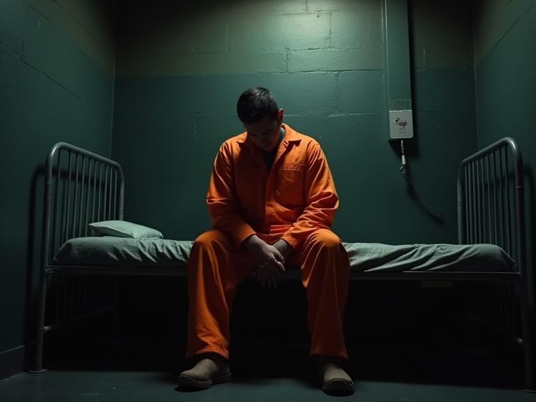 Sad prisoner in orange jumpsuit sitting on metal bed in dark prison cell. Despair evident in posture. Shadows create dramatic effect. Emotional tone enhances the scene. Photorealistic style throughout the composition.