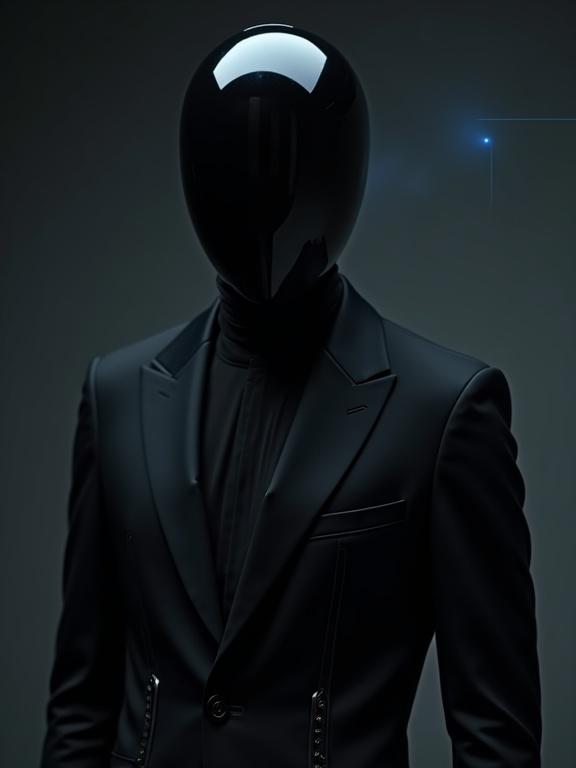 Dramatic moody portrait of a figure wearing a black glass mask. Tailored form-fitting black jumpsuit with silver circuitry patterns. Positioned centrally against a dark gray studio backdrop. Cool blue light illuminates the mask's surface. Focus on visual intrigue and sophistication.