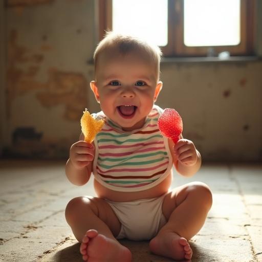 Baby sitting on a rustic floor with an open window. Warm light illuminates the scene. Baby has a playful expression and is holding gummy treats. Aged wall gives character. Candid and cozy atmosphere.