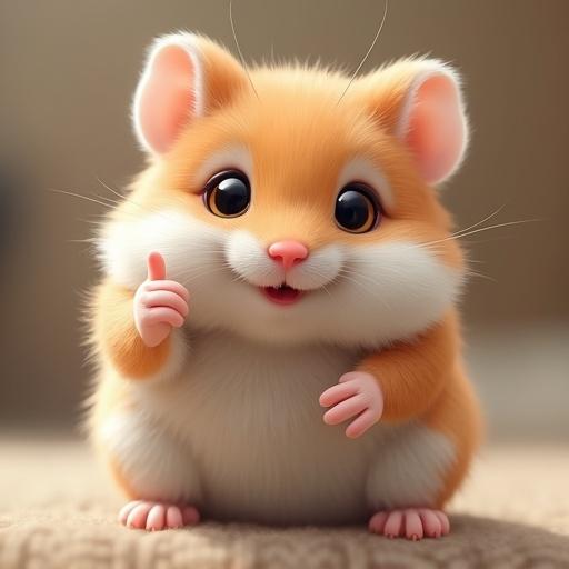 Create a photorealistic image of a fluffy hamster with detailed fur and bright eyes. The hamster shows a thumbs up gesture. The background is softly blurred to keep focus on the hamster.