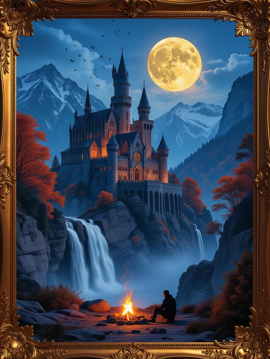 A photo-realistic Gothic castle glows at twilight. It is perched on rocky cliffs above a cascading mountain waterfall. Vivid coral and orange autumn trees surround it. A lone figure sits by a warm campfire in deep blue dusk. A golden full moon hangs overhead with birds flying. Soft mist adds atmospheric depth. Decorative frame features intricate foliage and copper-toned botanical details.