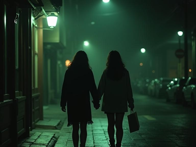Emotional farewell scene at night outside a publishing house with two Asian women seen from behind. One woman holds a letter under soft streetlight. The atmosphere is tearful and poetic.