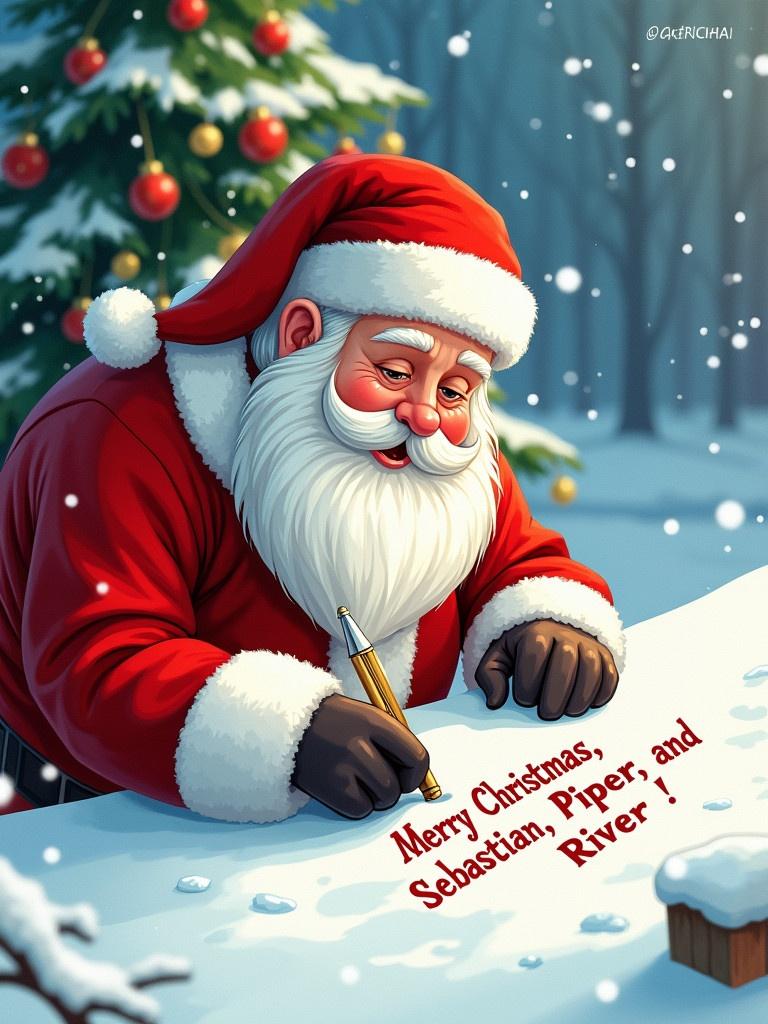 Detailed illustration of Santa Claus wearing red suit and white beard. He writes 'Merry Christmas, Sebastian, Piper, and River!' in snow. Beautifully decorated tree in the background. Snowflakes fall gently around him. Scene captures warmth and joy of holiday season.