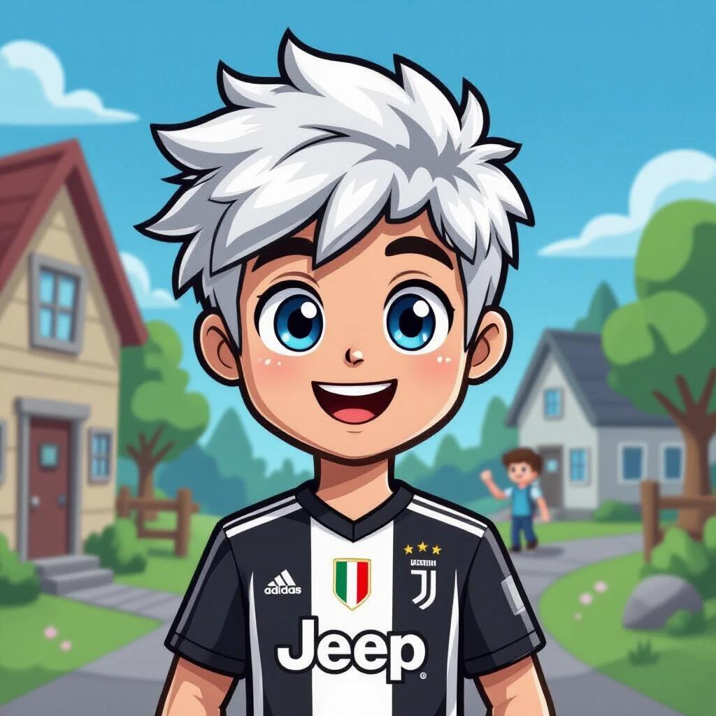 Modern cartoon character inspired by Juventus jersey. Character has messy white hair and is wearing a black and white Juventus jersey. The background features a Roblox style village. Focus on character's expression and outfit.